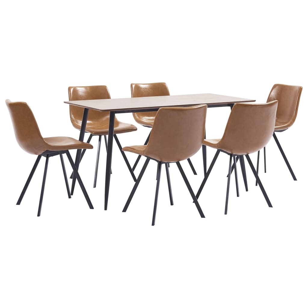 Set masa cu 6 scaune, vidaXL, Piele artificiala/MDF/Otel, 140 x 70 x 75 cm, Maro