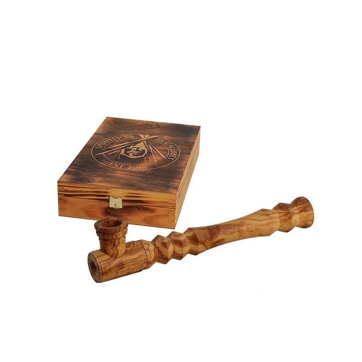 Set pipa tutun DeLuxe Calumet Pezuta din lemn de maslin, cu sita, filtre carbon activ si cutie depozitare pentru foite role, brichete, grinder, blunt canepa, conuri corector umiditate etc