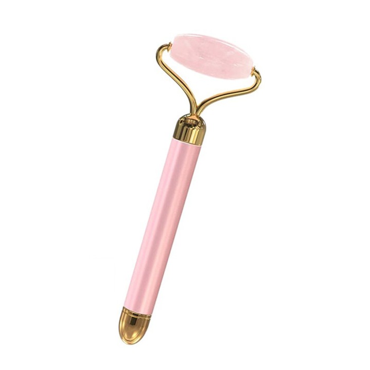 Електрическа ролка от розов нефрит SINO FORTA NATURII, Метална дръжка, За масаж на лице, Повдигане, Релаксация, Вибрации