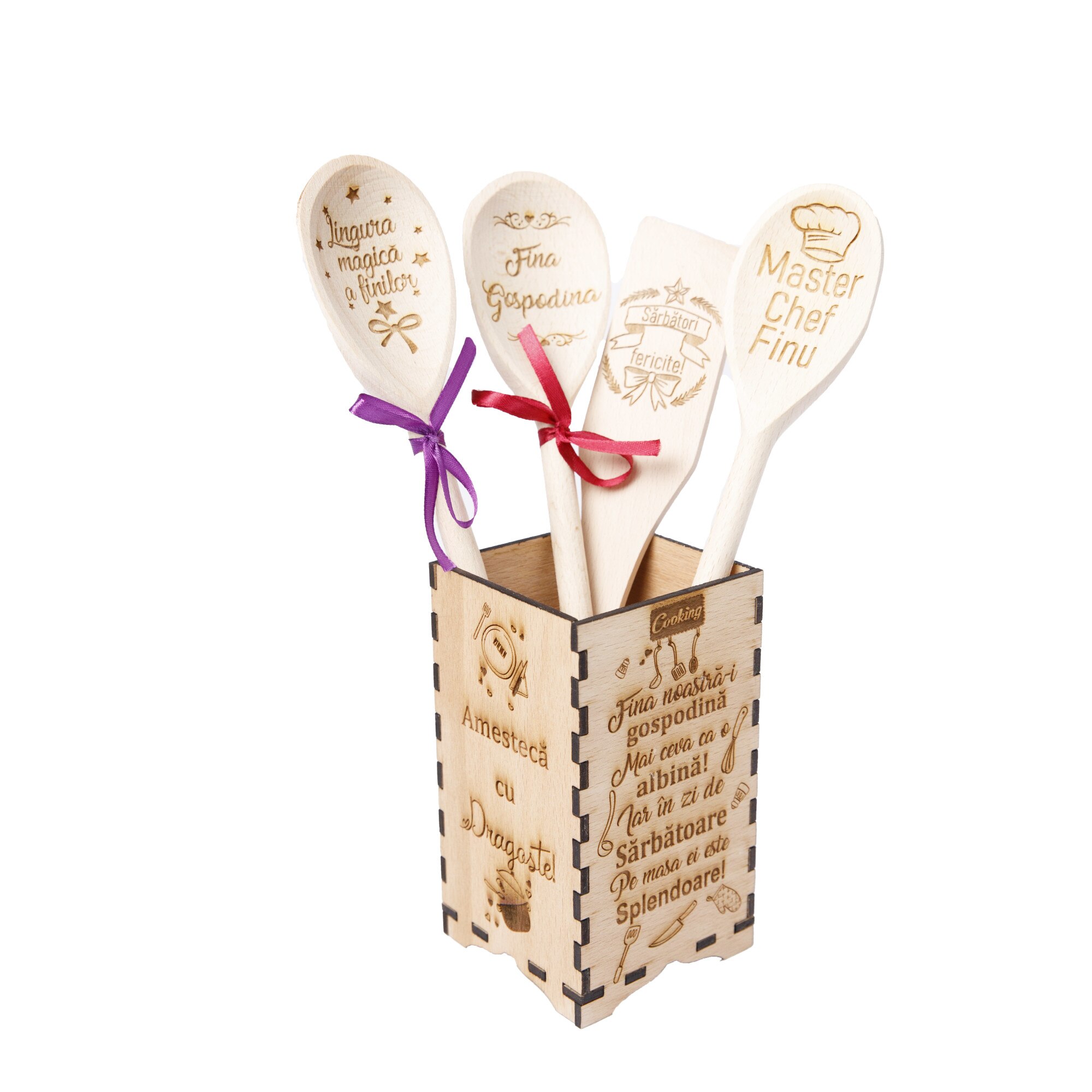 Set de bucatarie personalizat, 5 piese - Linguri, spatula si cutie suport 