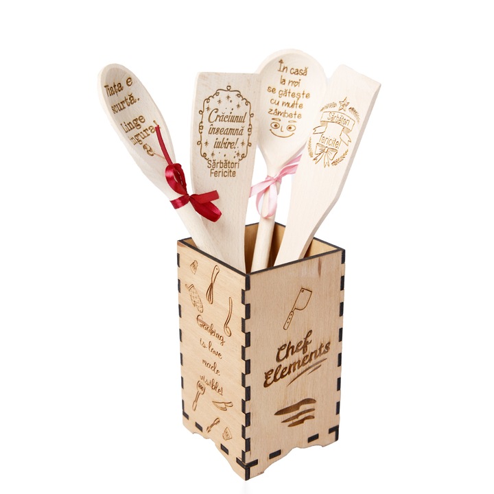 Set de bucatarie personalizat, 5 piese - Linguri si spatule in cutie suport din lemn "Cooking is made love visible", Lemn, Natur
