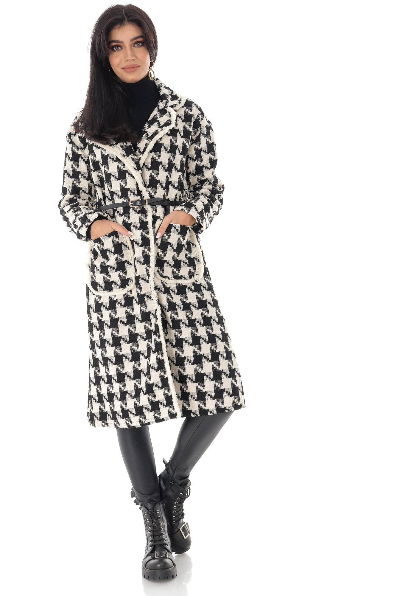 Palton elegant, crem/negru cu model dog tooth - ROH - JR527, UNI