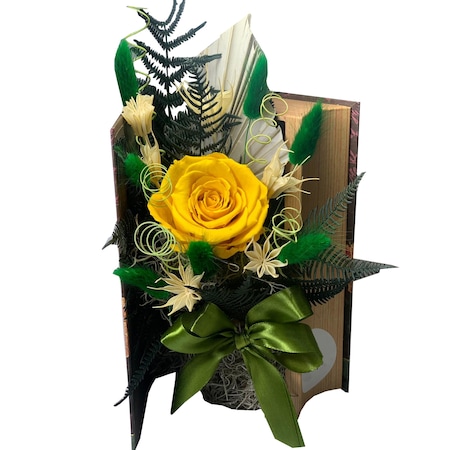 Unfair folder Slump Aranjament floral cu trandafir criogenat si flori stabilizate sub forma de  carte, galben, 20 cm - eMAG.ro