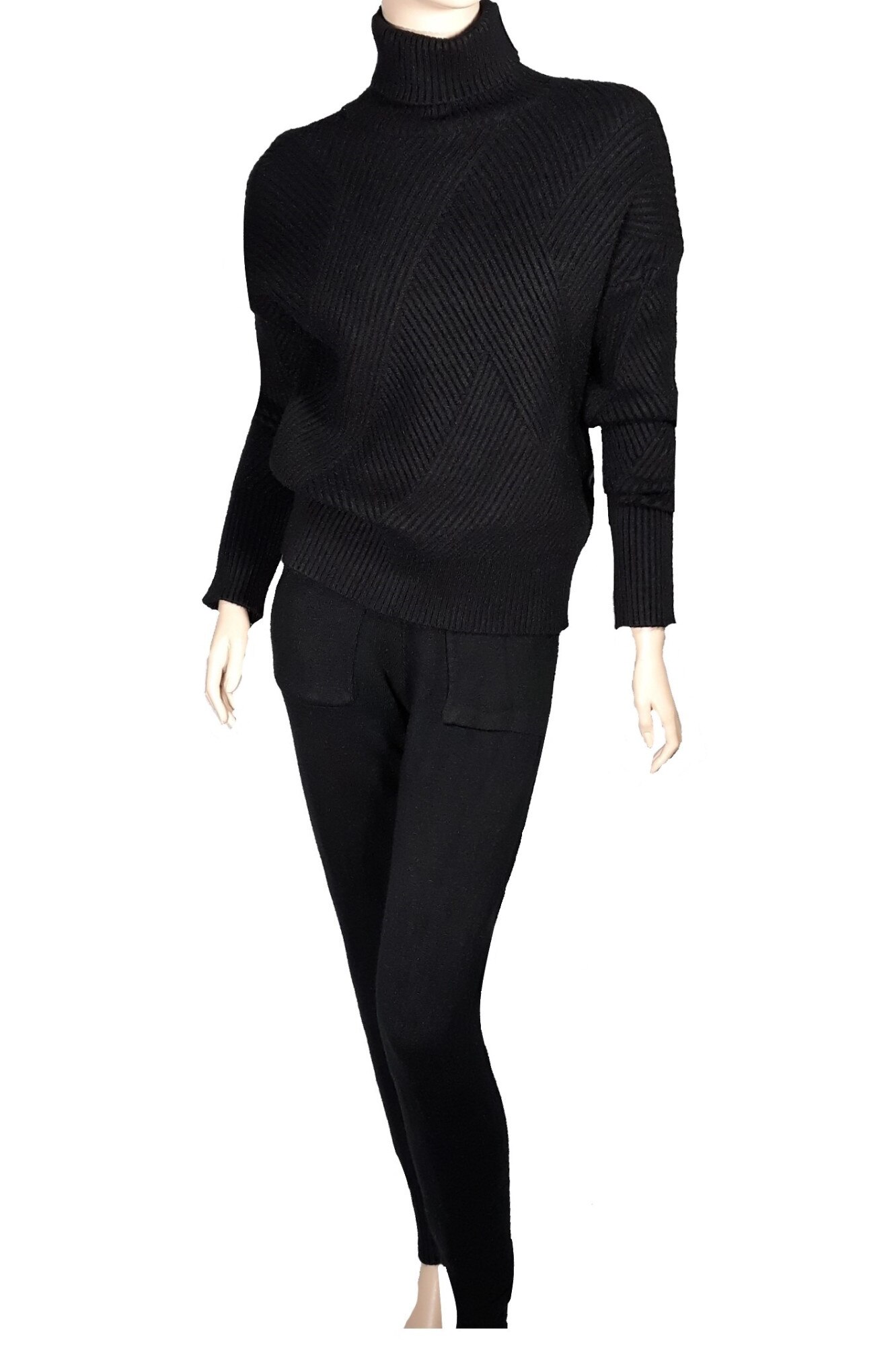 Compleu tricotat cu guler roll dama, negru, casual, one size