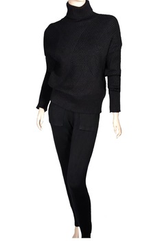 Compleu tricotat cu guler roll dama, negru, casual, one size Compleu tricotat cu guler roll dama, negru, casual, one size