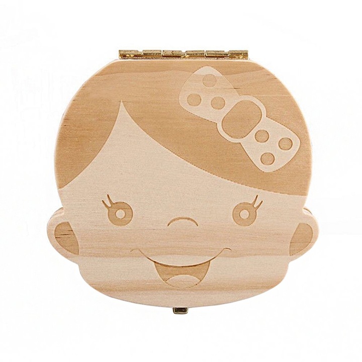 Сувенирна дървена кутия за съхранение на млечни зъби, пъп и кичур за коса, модел за момичета