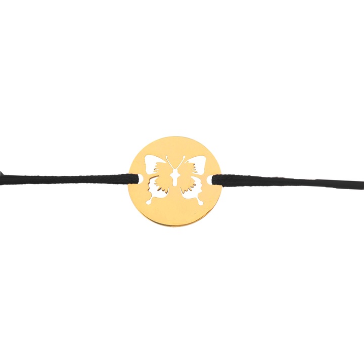 Bratara din aur masiv 14K, snur reglabil, Banut fluture perforat – bijuterie GRATA handmade Romania, Negru