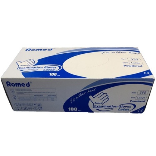 Set 100 bucati manusi de protectie, Romed, Olanda, unica folosinta, latex, pudrate, alb, L