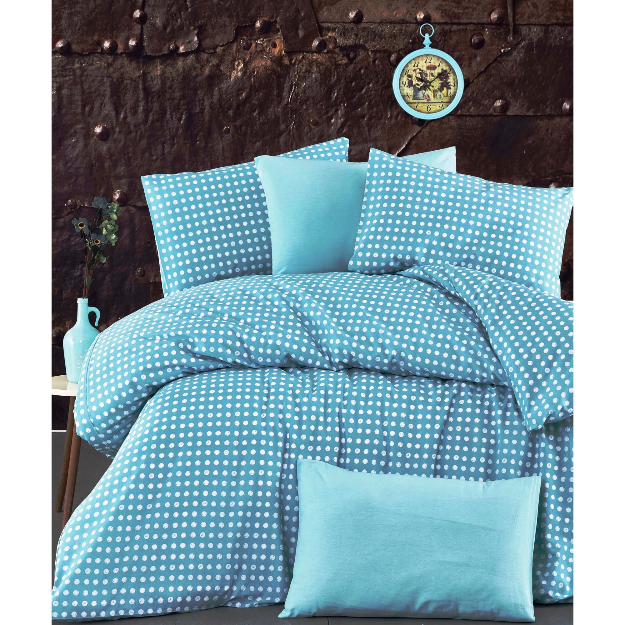 Set lenjerie de pat, cearceaf cu elastic, bumbac 100%, buline, pat dublu extra, Alb-Verde