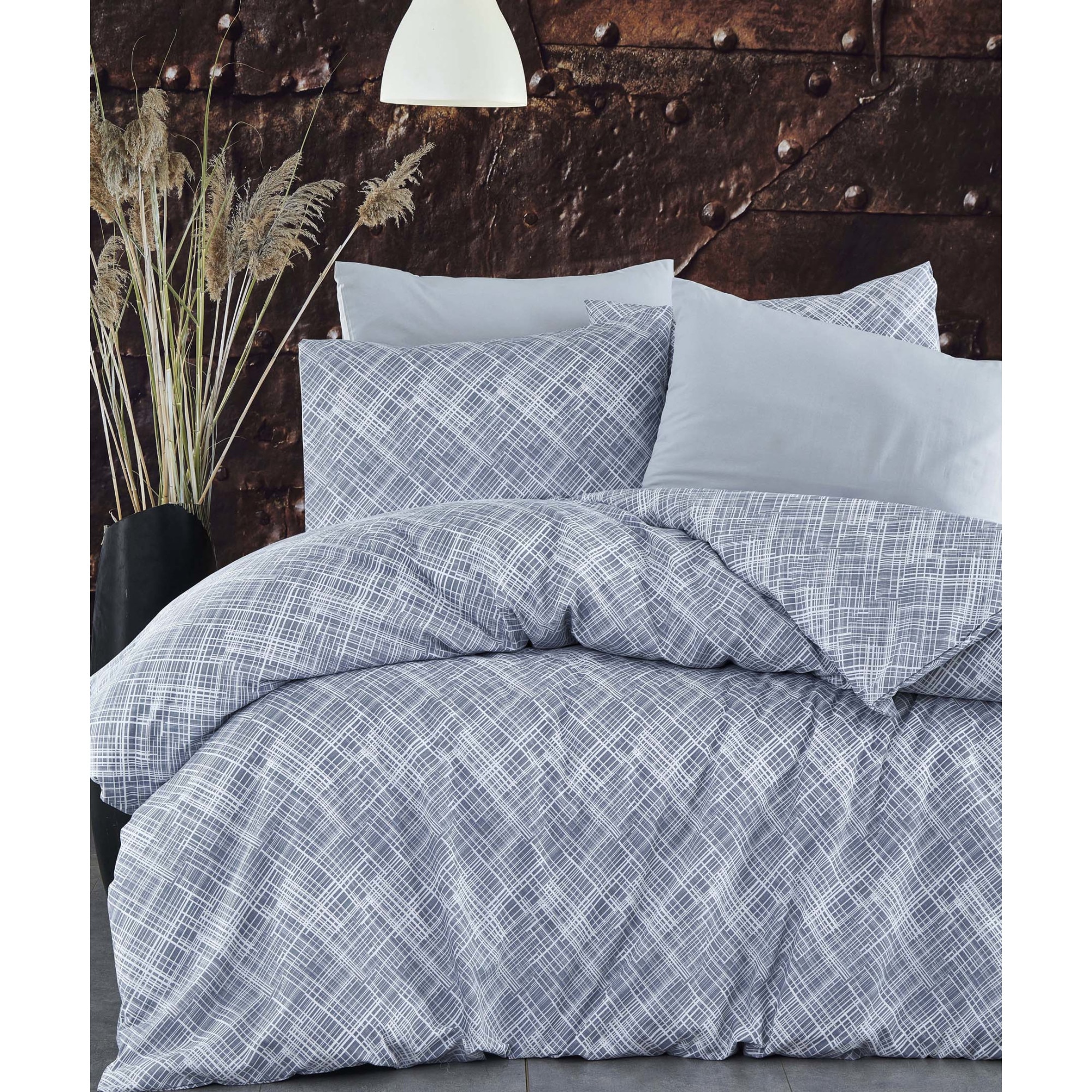 Set lenjerie de pat, cearceaf cu elastic, bumbac 100%, dungi, pat 1 persoana, alb-gri