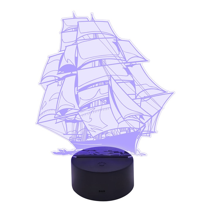 Lampa De Veghe 3D LED, Imprinto, Corabie Pirati, 7 Culori, Lumina Ambientala, Alimentare USB cu Incarcator priza