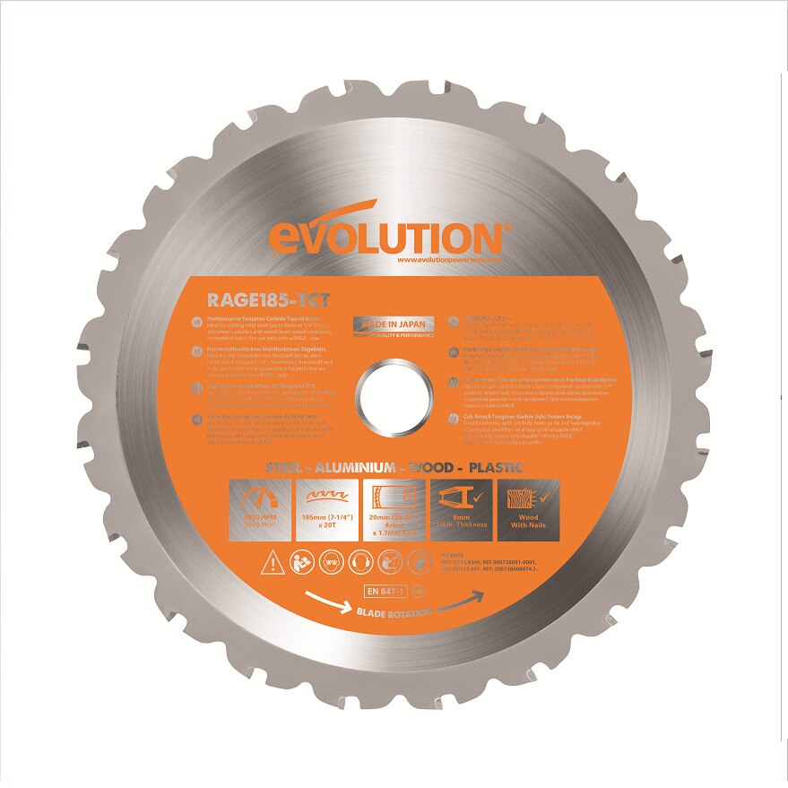 Disc pentru fierastrau circular, taiere multifunctionala Evolution EVORAGEBLADE185MULTI-9883, Ø185 x 20 mm, 20 dinti