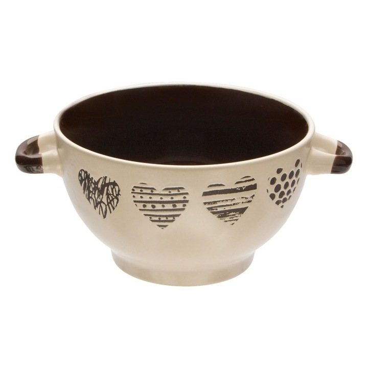 Bol Ceramic, Model Cu Inimi, Culoare Bej, Capacitate 650ml