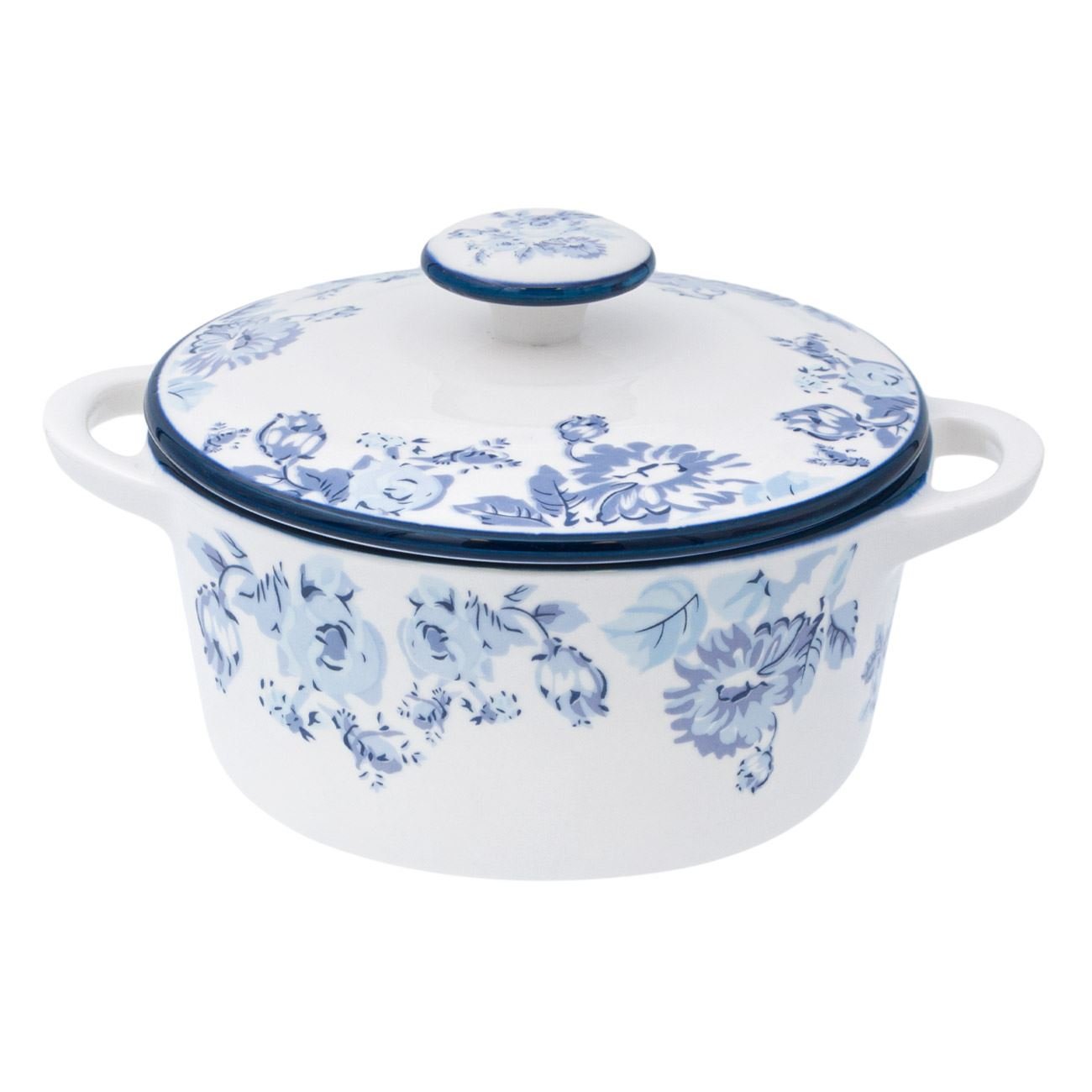 Bol de Supa cu Capac si Manere, New Line, Ceramica, Model cu Flori, 600 ml, Alb