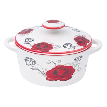 Bol de Supa cu Capac si Manere, New Line, Ceramica, model cu Trandafiri Rosii, 600 ml, Alb Bol de Supa cu Capac si Manere, New Line, Ceramica, model cu Trandafiri Rosii, 600 ml, Alb