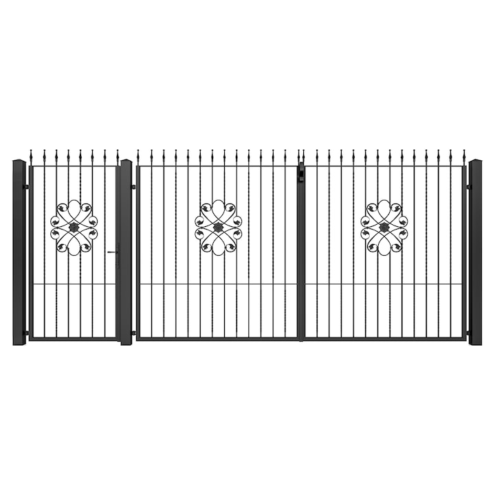 Set poarta auto si pietonala, Todome, fier forjat 07, negru, 480 x 180 cm, cu accesorii si stalpi