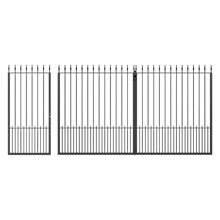 Set poarta auto si pietonala, Todome, fier forjat 02, negru, 450 x 180 cm, cu accesorii