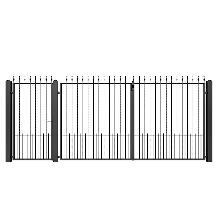 Set poarta auto si pietonala, Todome, fier forjat 02, negru, 480 x 180 cm, cu accesorii si stalpi