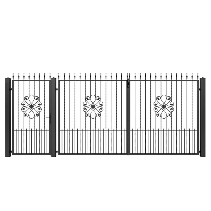 Set poarta auto si pietonala, Todome, fier forjat 08, negru, 480 x 180 cm, cu accesorii si stalpi