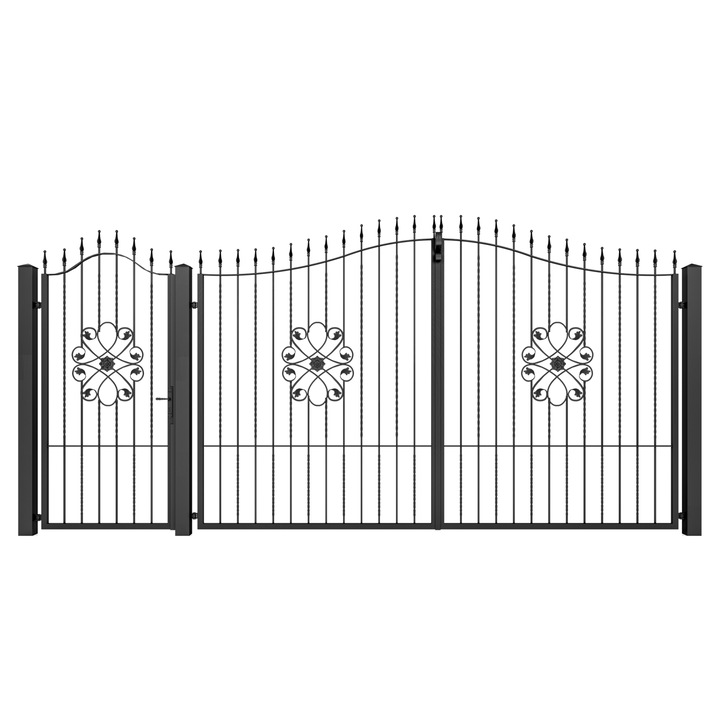 Set poarta auto si pietonala, Todome, fier forjat 05, negru, 480 x 180 cm, cu accesorii si stalpi