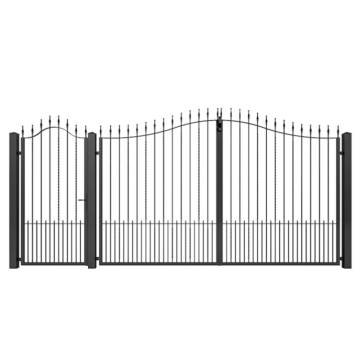 Set poarta auto si pietonala, Todome, fier forjat 04, negru, 480 x 180 cm, cu accesorii si stalpi