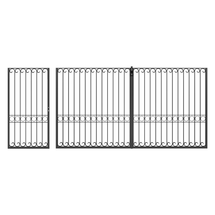 Set poarta auto si pietonala, Todome, fier forjat 09, negru, 450 x 180 cm, cu accesorii