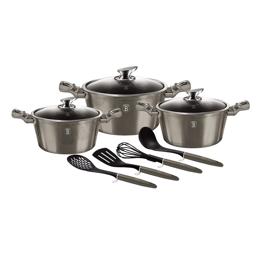 Set oale si tigai marmorate (10 piese) din aluminiu forjat Carbon Metallic Line Berlinger Haus BH 6153