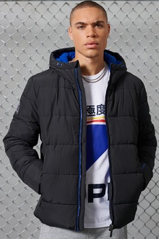 SUPERDRY, Geaca cu vatelina si gluga, Negru/Albastru royal SUPERDRY, Geaca cu vatelina si gluga, Negru/Albastru royal