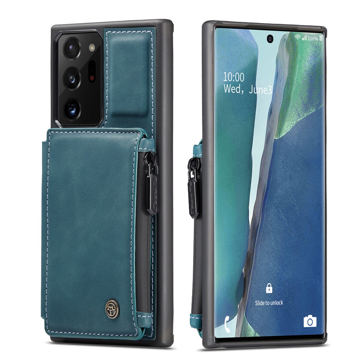 Husa Samsung Galaxy Note 20 Ultra, CaseMe, piele cu textura catifelata, back cover, slot carduri, buzunar cu fermoar, protectie RFID, Albastru verzui