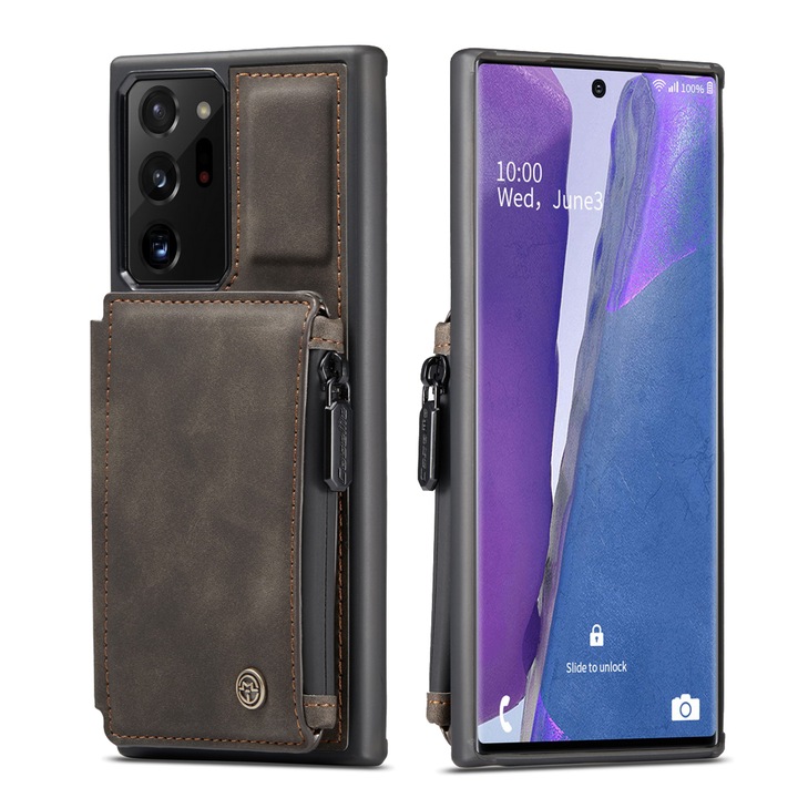 Калъф за Samsung Galaxy Note 20 Ultra, кожа с кадифена текстура, back cover, отделение за карти, джоб с цип, RFID защита, кафяво кафе