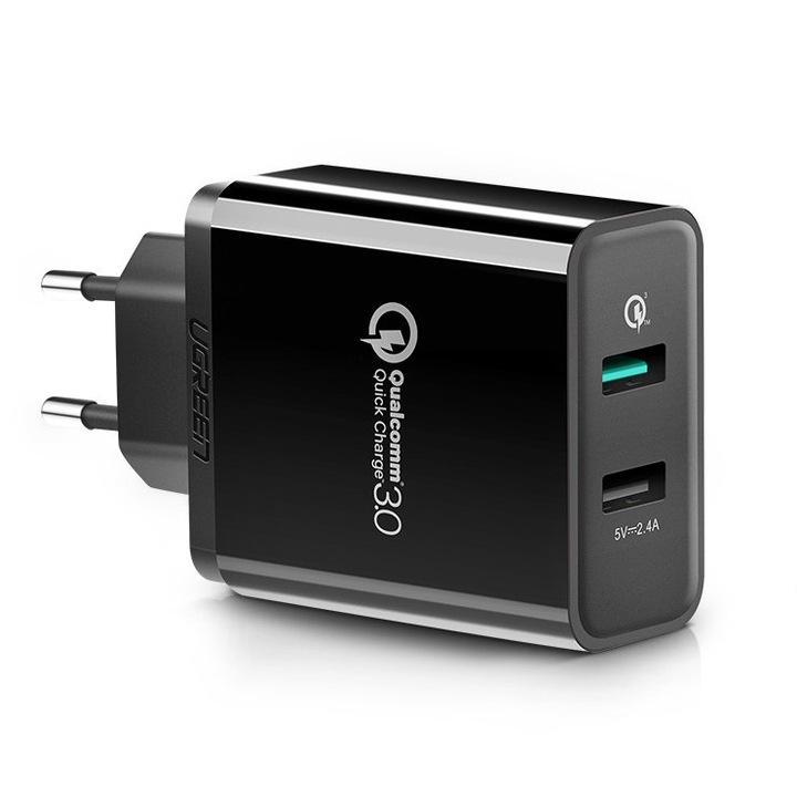 Quick Charge hálózati töltő, UGREEN, 2xUSB, 100-240V, 30W, Fekete