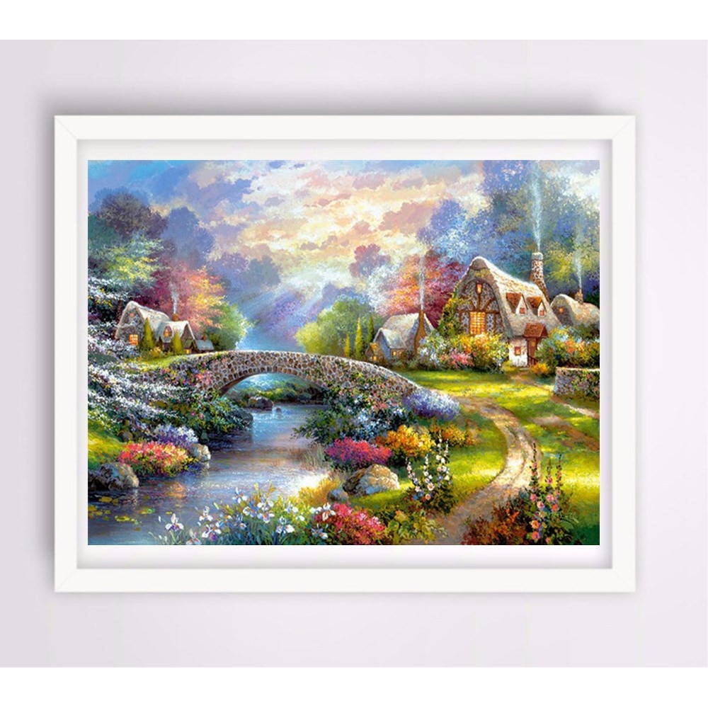 Kit broderie cu diamante rotunde, AMTMBS DIY 5D, Model peisaj, 34.8 x 24.8 cm, Multicolor