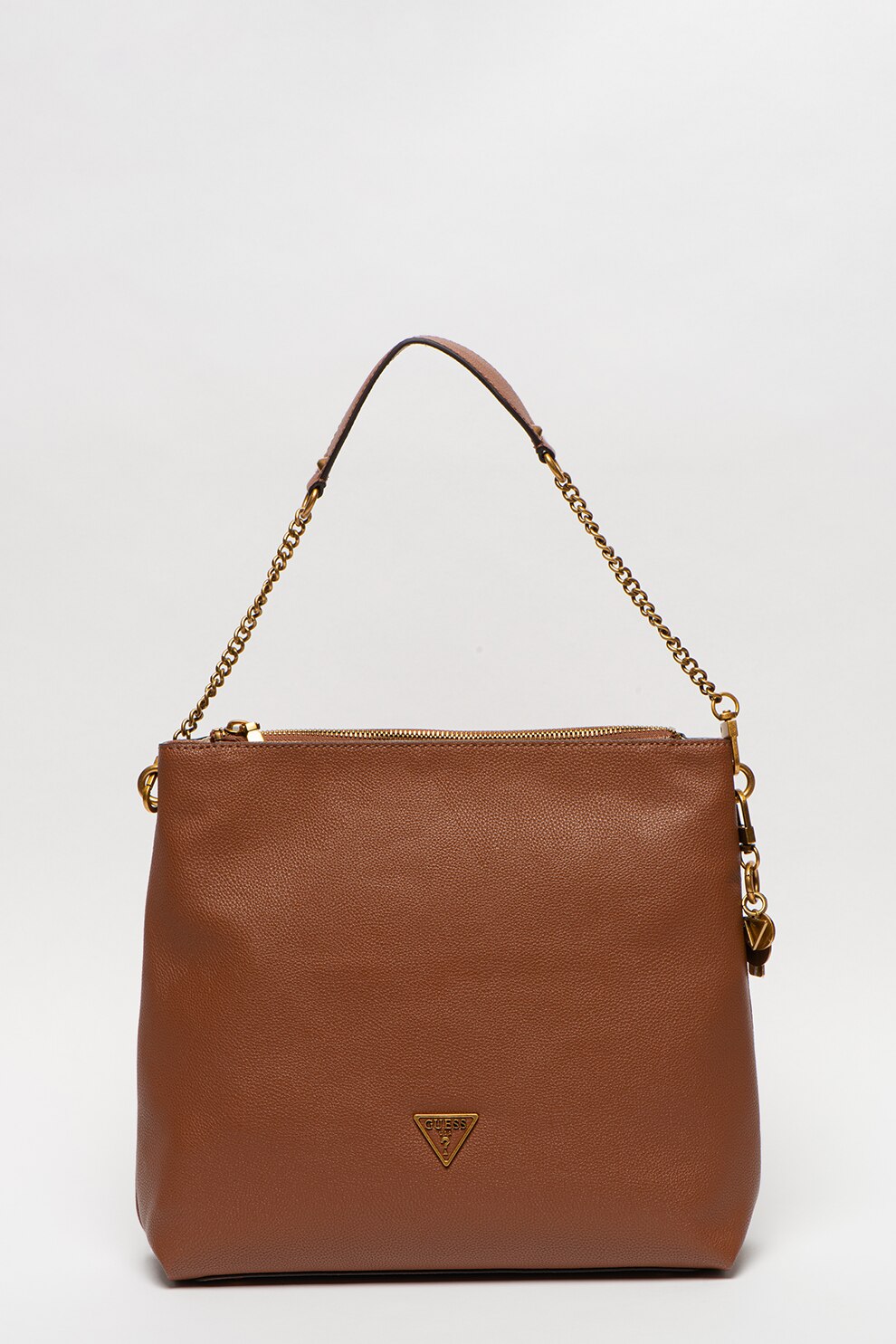 Guess, Geanta de piele ecologica cu aplicatie logo si bareta Destiny, Maro