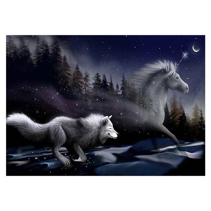 Kit broderie cu diamante rotunde, AMTMBS DIY 5D, Model Cal si lup, Multicolor