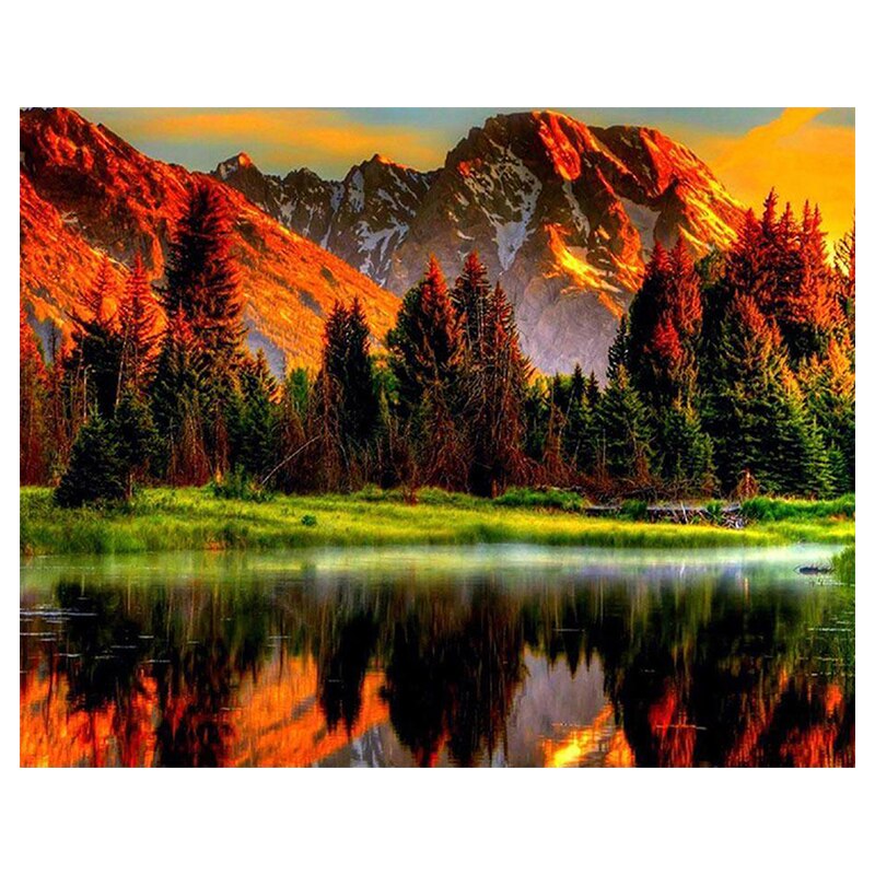 Kit broderie cu diamante rotunde, AMTMBS DIY 5D, Model peisaj lac, 34.8 x 24.8 cm, Multicolor