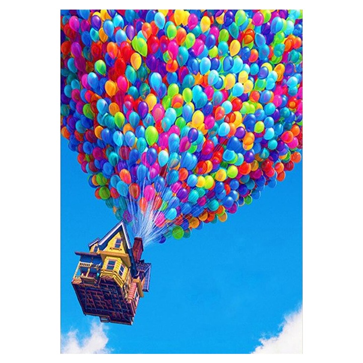 Kit broderie cu diamante rotunde, AMTMBS DIY 5D, Model casa zburatoare, 34.8 x 24.8 cm, Multicolor