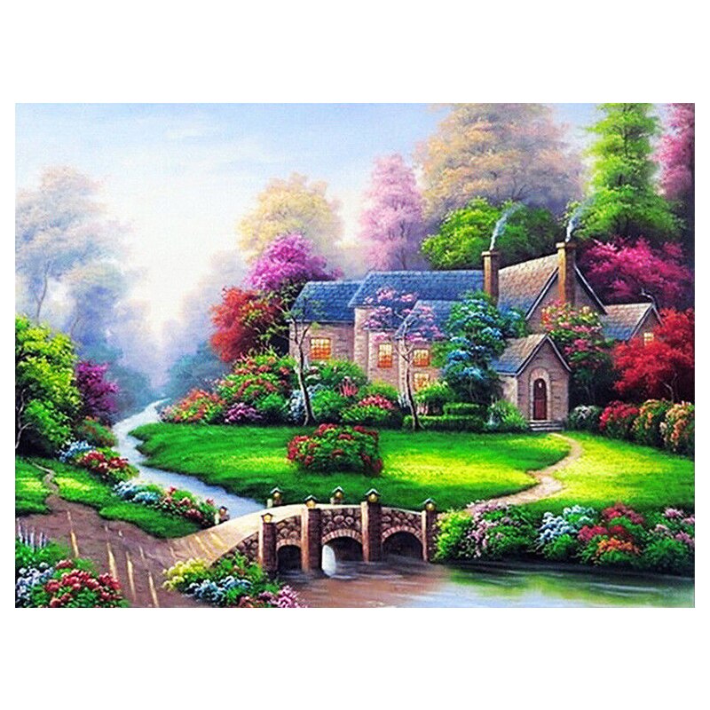 Kit broderie cu diamante rotunde, AMTMBS DIY 5D, Model peisaj casa, 34.8 x 24.8 cm, Multicolor