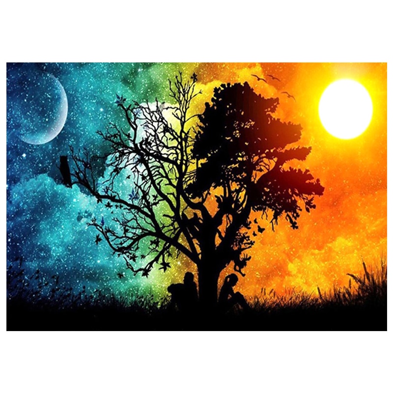 Kit broderie cu diamante rotunde, AMTMBS DIY 5D, Model soare si luna, 34.8 x 24.8 cm, Multicolor