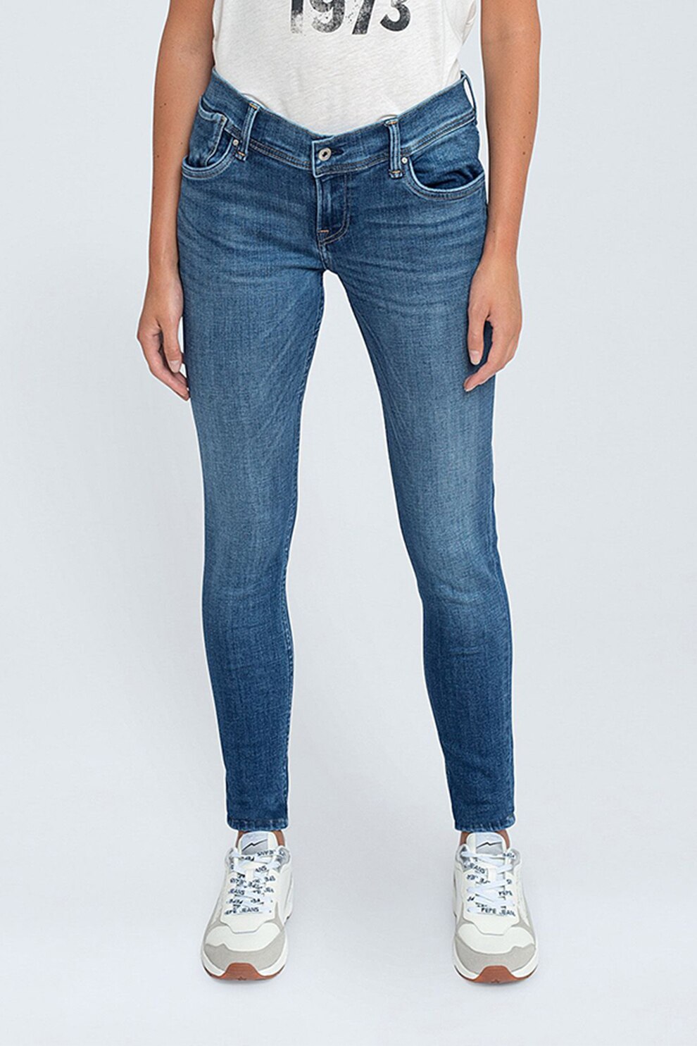 Pepe Jeans London, Blugi skinny cu talie medie, Albastru inchis/Alb optic