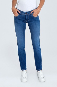 Pepe Jeans London, Blugi drepti cu talie medie, Albastru inchis, W25-L32 Pepe Jeans London, Blugi drepti cu talie medie, Albastru inchis, W25-L32