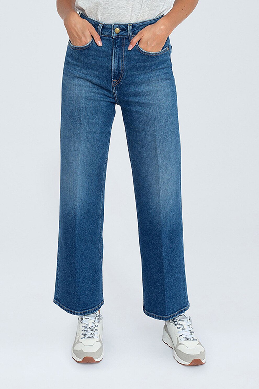Pepe Jeans London, Blugi crop cu croiala ampla, Albastru inchis/Alb optic