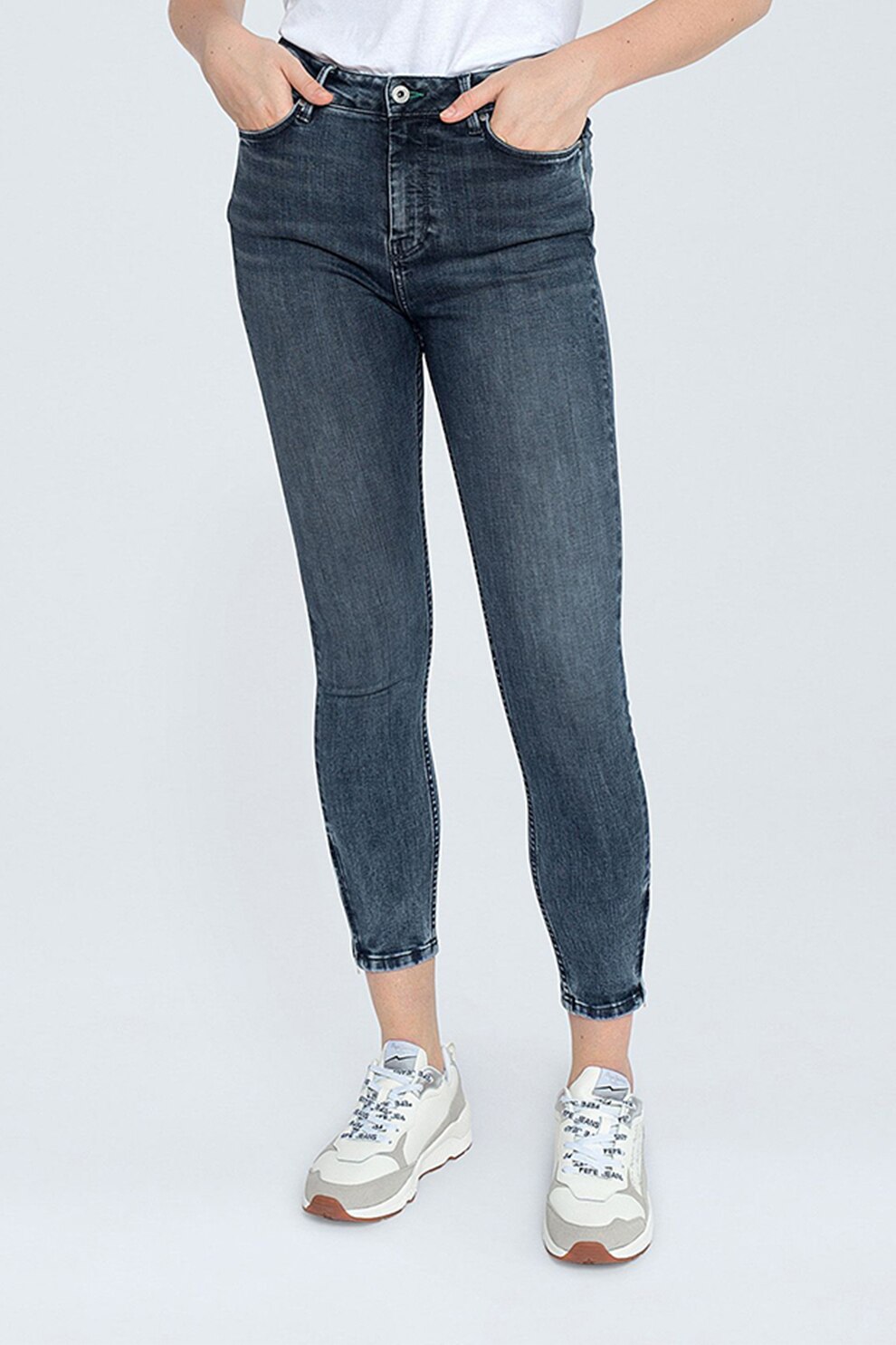 Pepe Jeans London, Blugi crop skinny, Gri antracit/Alb prafuit