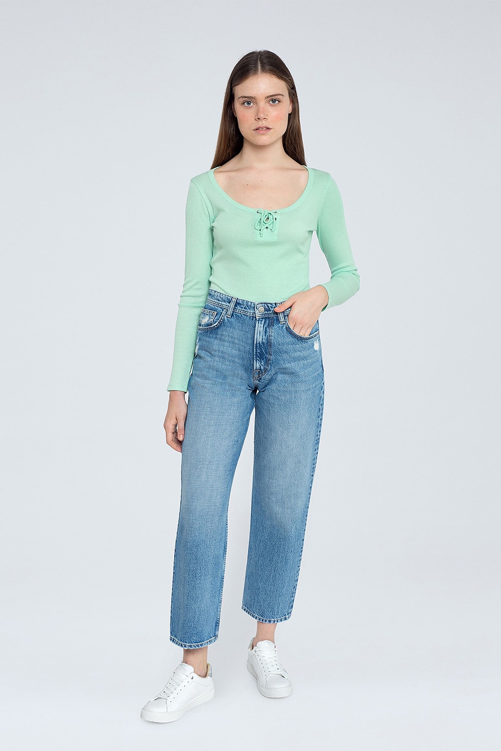 Pepe Jeans London, Blugi cu croiala dreapta si talie inalta, Albastru inchis/Alb prafuit