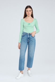 Pepe Jeans London, Blugi cu croiala dreapta si talie inalta, Albastru inchis/Alb prafuit Pepe Jeans London, Blugi cu croiala dreapta si talie inalta, Albastru inchis/Alb prafuit