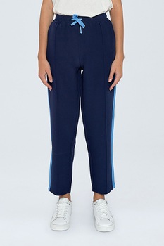 Pepe Jeans London, Pantaloni sport cu dungi in lateral, Bleumarin/Alb Pepe Jeans London, Pantaloni sport cu dungi in lateral, Bleumarin/Alb