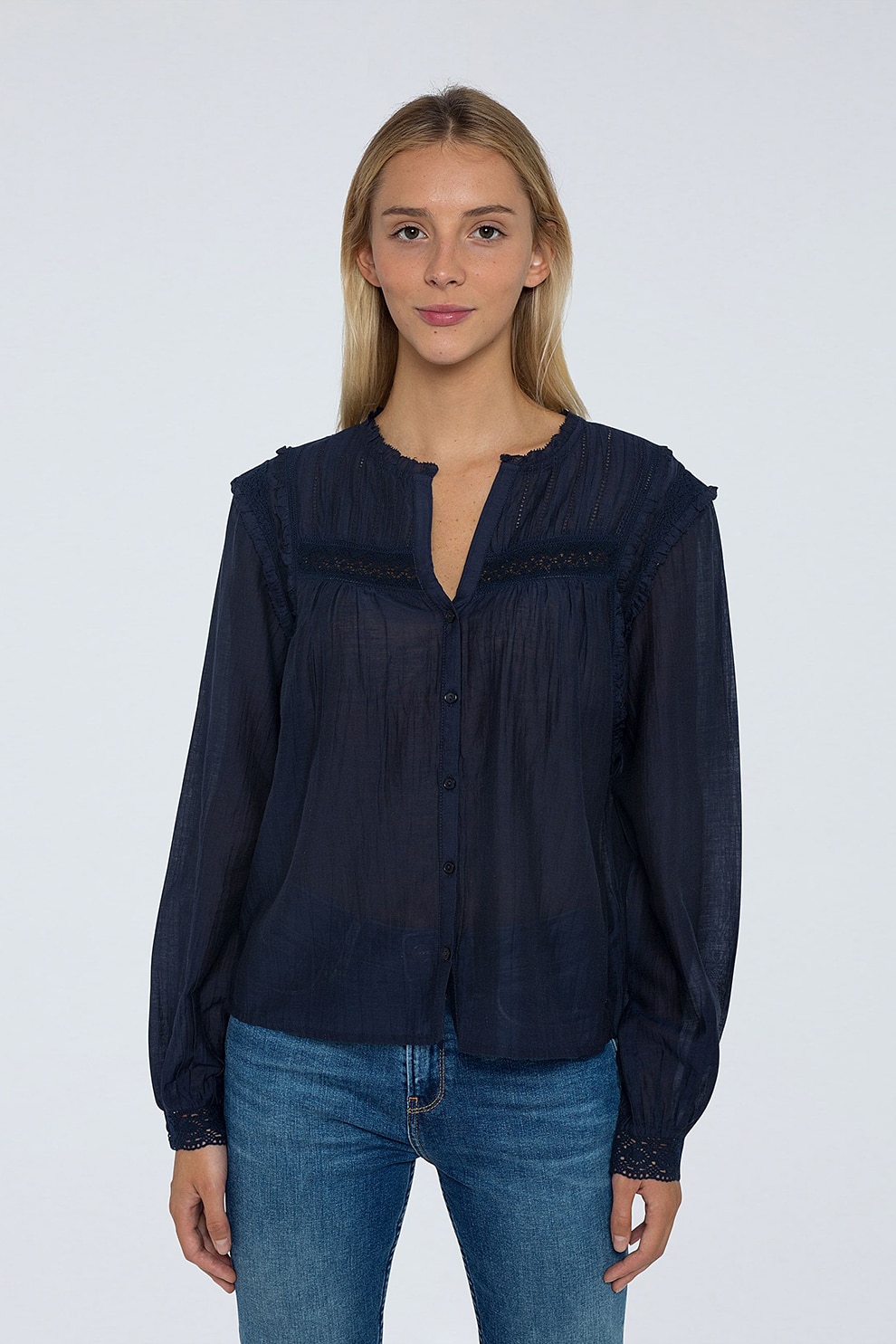 Pepe Jeans London, Camasa de bumbac cu insertii de dantela, Bleumarin