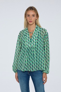 Pepe Jeans London, Bluza tip tunica cu model retro, Verde/Alb Pepe Jeans London, Bluza tip tunica cu model retro, Verde/Alb