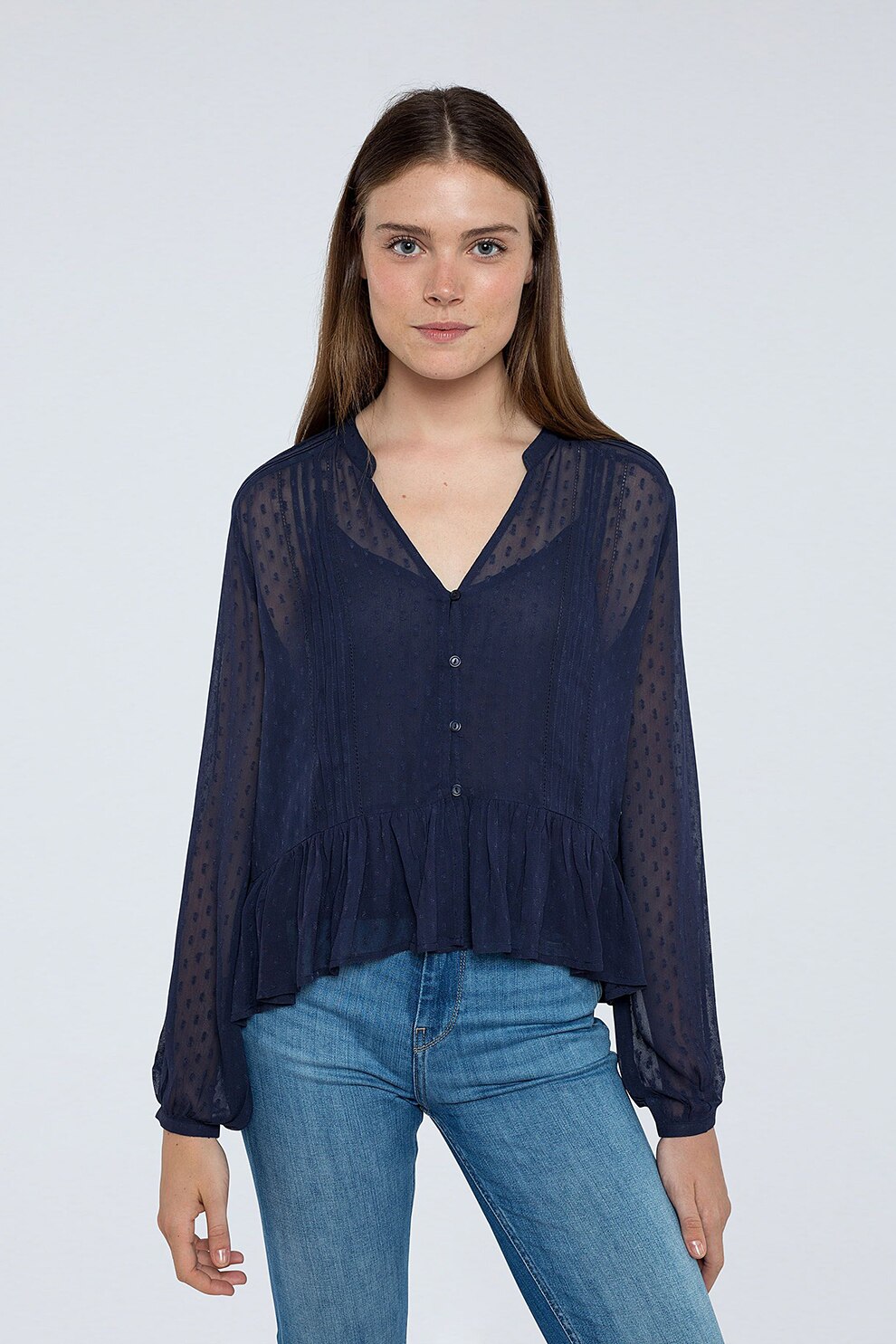 Pepe Jeans London, Camasa cu peplum si detalii crosetate, Bleumarin