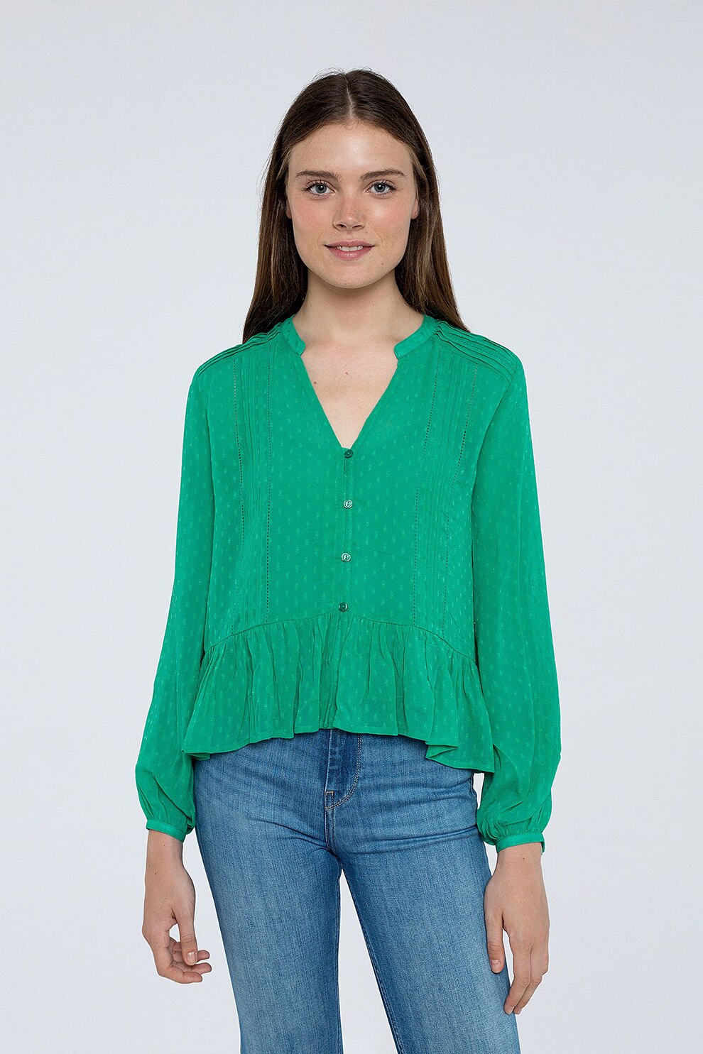 Pepe Jeans London, Camasa cu peplum si detalii crosetate, Verde