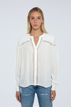 Pepe Jeans London, Camasa cu insertii de dantela, Alb prafuit, XS Pepe Jeans London, Camasa cu insertii de dantela, Alb prafuit, XS